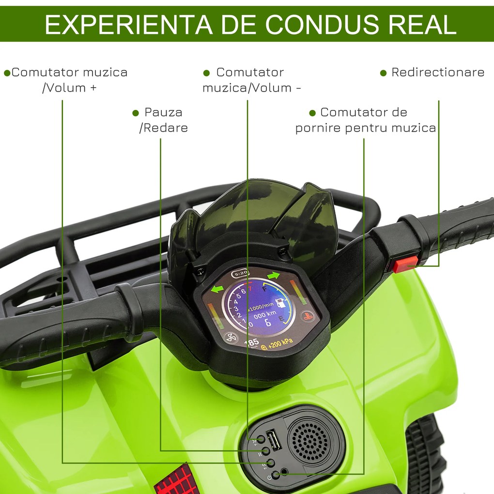 Quad Electric pentru Copii HOMCOM Baterie Reincarcabila 6V, 6V Faruri Functionale si Pedale, Varsta 18-36 Luni, 66x44x42cm, Verde | Aosom Romania