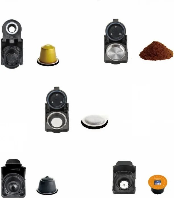La mâna a doua: Espressor cu cafea macinata si capsule 8 in 1 Oliver Voltz OV51171J8R, 1450W, 0.6 L, 5 adaptoare, 19 bar, 7 lungimi de cafea, Negru/Argintiu