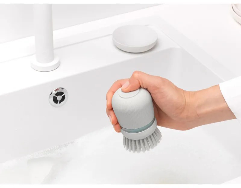 Dozator detergent de vase cu perie Brabantia Sinkside 1003318, 100 ml, Peri din poliester, Suport, Gri deschis
