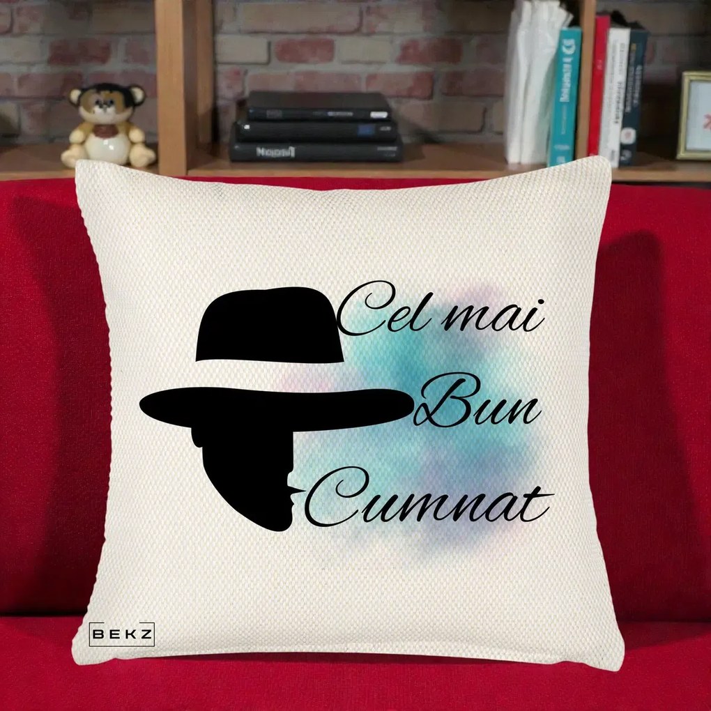Cadou pentru Cumnat - Perna Personalizata Cel mai Bun Cumnat cu Silueta Palarie si Pete Teal-Roz, 40x40 cm, Crem Reliefat, Husa Detasabila, Perna Inclusa, BEKZ®