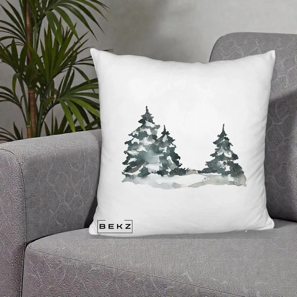 Perna Decorativa Brazi Inzapeziti Acuarela, 40x40 cm, Alb Pufos, Husa Detasabila, Perna Inclusa, BEKZ®