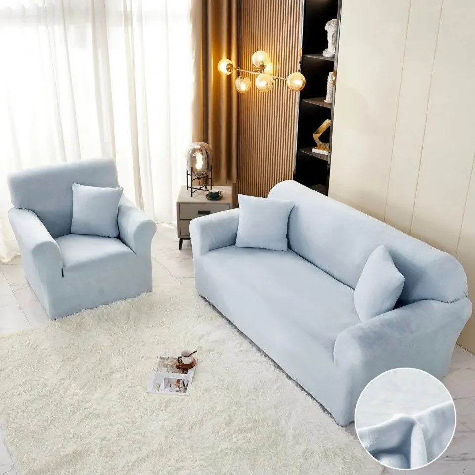 Set huse elastice din catifea pentru canapea 3 locuri + 2 fotolii, cu brate, alb murdar, HCCJS-10