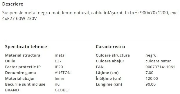 Lustra suspendata lemn cu 4 pendule stil minimalist AUSTON