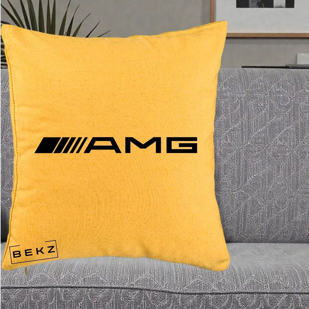 Perna Personalizata cu emblema Mercedes-AMG, 40x40 cm, Galben, Husa Detasabila, Perna Inclusa, BEKZ®