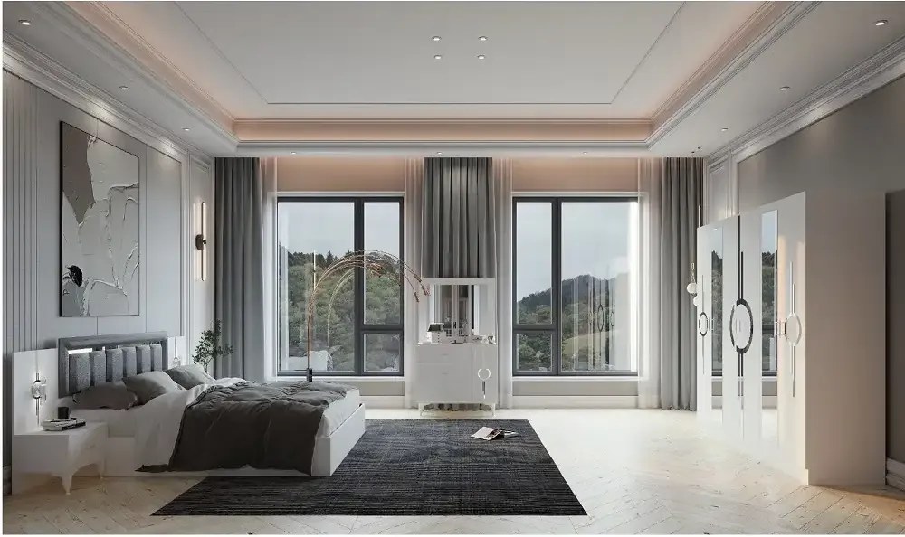 Dormitor Carol,sifonier,comoda,noptiera,pat cu lada Homs, alb, 220x210x50 cm