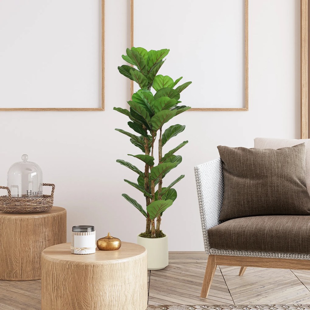 HOMCOM Plantă artificială de interior 120 cm Ficus lyrata arbore artificial cu ghiveci din plastic și trunchi din lemn masiv, verde | Aosom Romania