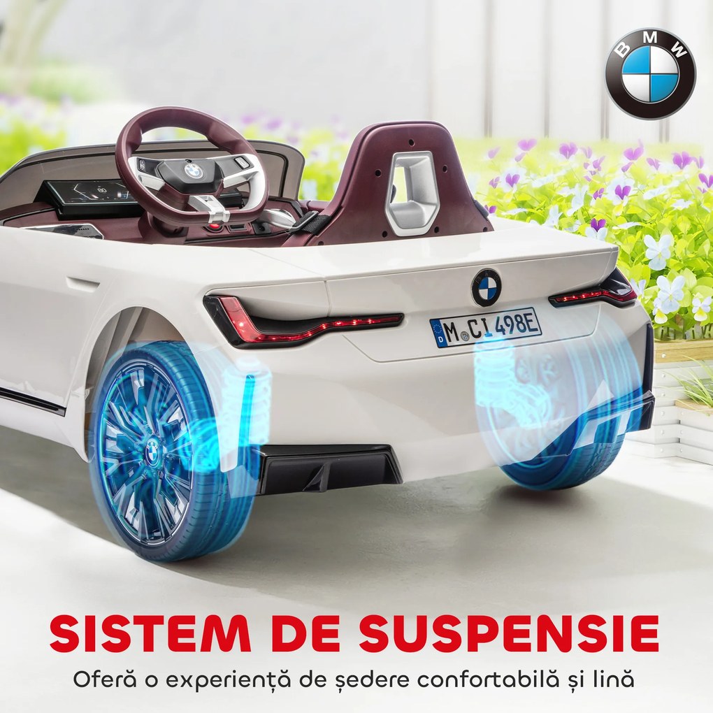 HOMCOM Masinuta Electrica pentru Copii BMW i4 cu Licenta de 12V cu Telecomanda, Baterii Portabile, Muzica, Claxon, pentru 3-6 ani Alb | Aosom Romania