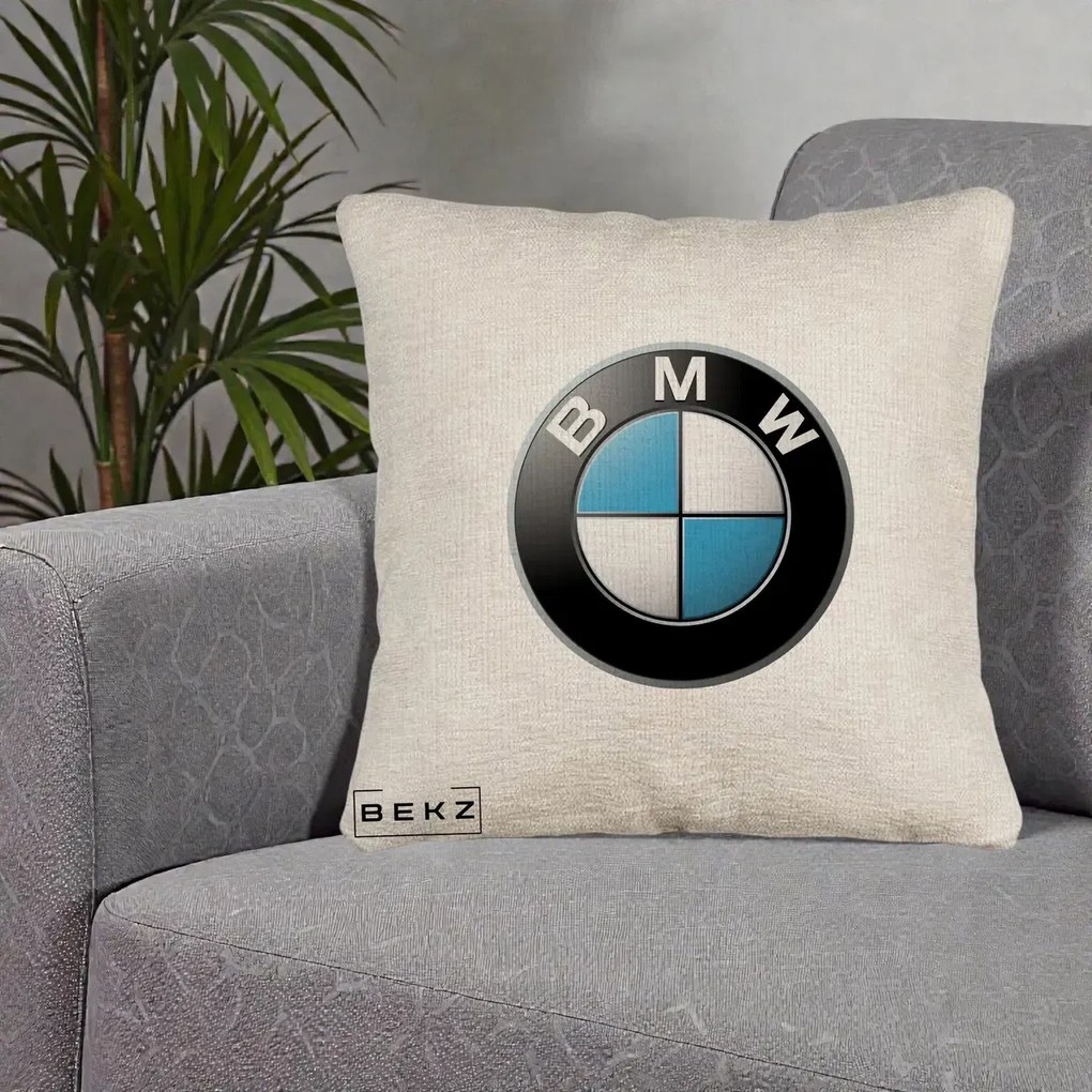 Perna Personalizata cu emblema BMW, 40x40 cm, Bej Canapea, Husa Detasabila, Perna Inclusa, BEKZ®