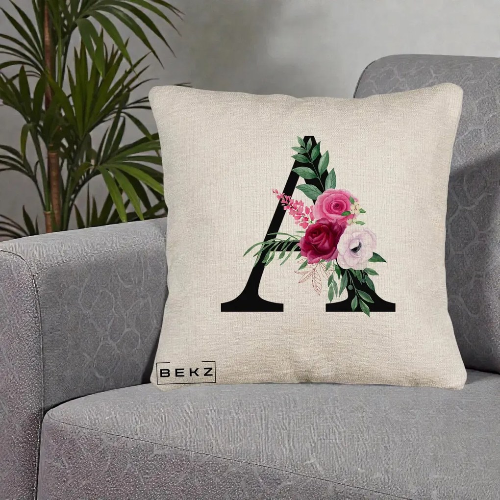 Cadou Personalizat - Perna Personalizata Monograma Florala Litera A, 40x40 cm, Bej Canapea, Husa Detasabila, Perna Inclusa, BEKZ®