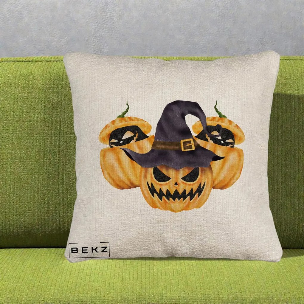 Perna Decorativa Trio Dovleci Jack-o-Lantern cu Palarie Vrajitoare, 40x40 cm, Bej Canapea, Husa Detasabila, Perna Inclusa, BEKZ®
