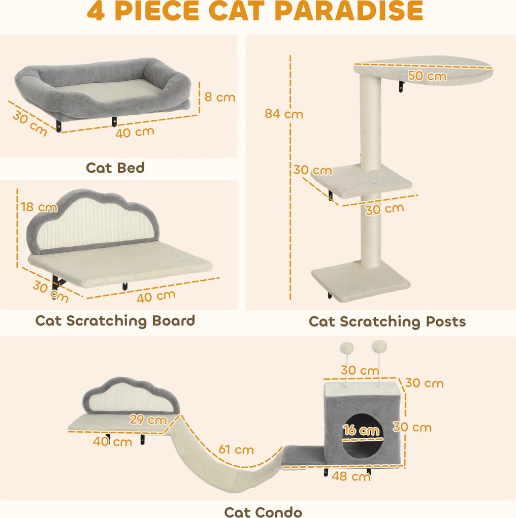 PawHut Set copac de zgâriere montat pe perete, suprafețe de zgâriere din sisal, 4 piese, pentru 1-3 pisici, Bej | Aosom Romania