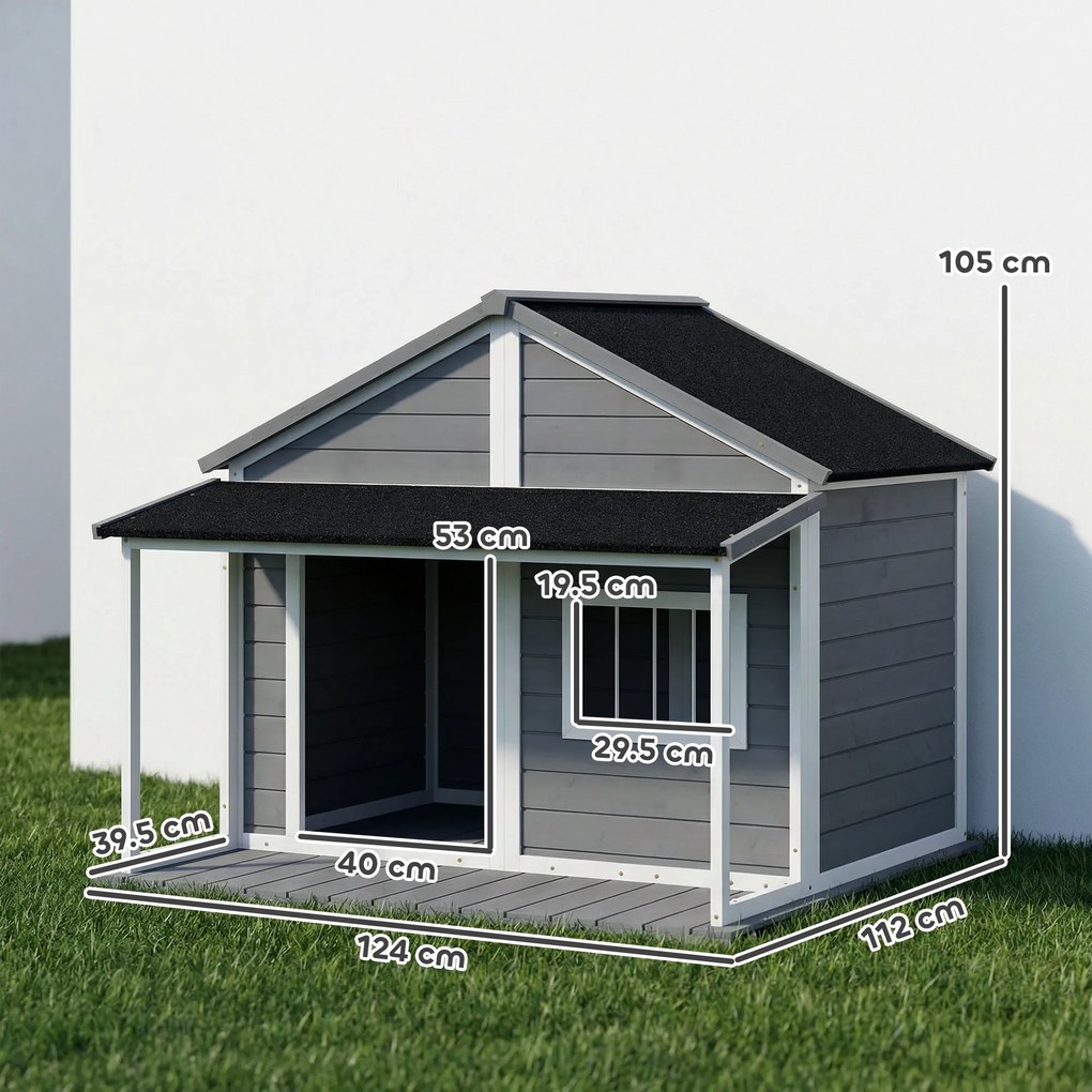 PawHut Casuță din Lemn de Exterior pentru Câini, Cușcă pentru Câini cu Terasă, Fereastră și Acoperiș Impermeabil, 124x112x105 cm, Gri | Aosom Romania