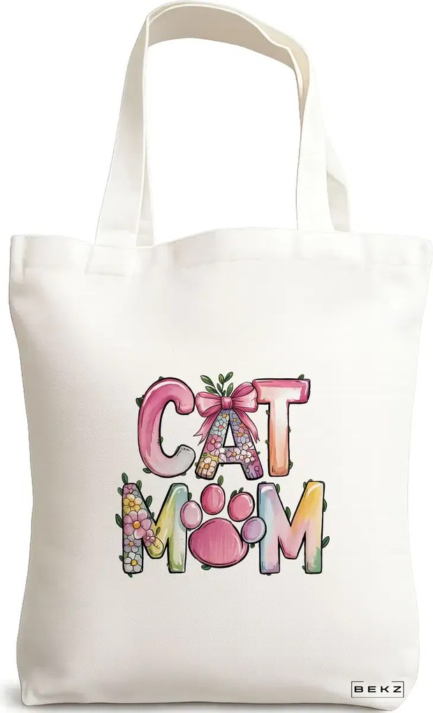 Sacosa de Panza pentru Cumparaturi, Geanta Tote, model Cat mom 2 38 x 34.5 cm, Alba, BEKZ®