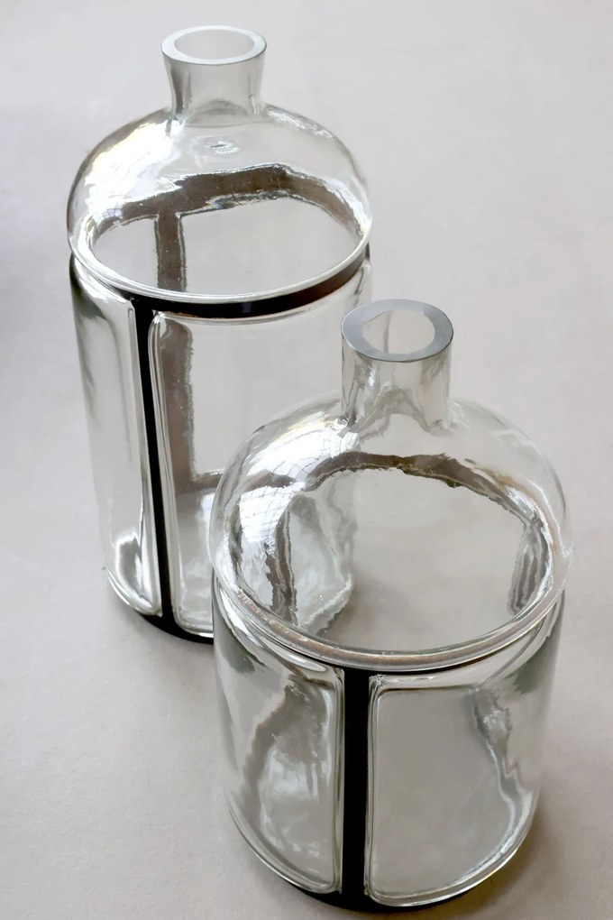 Vas decorativ din sticlă transparentă vintage, cu decor alamă antichizată, 31x18 cm, „Old French"