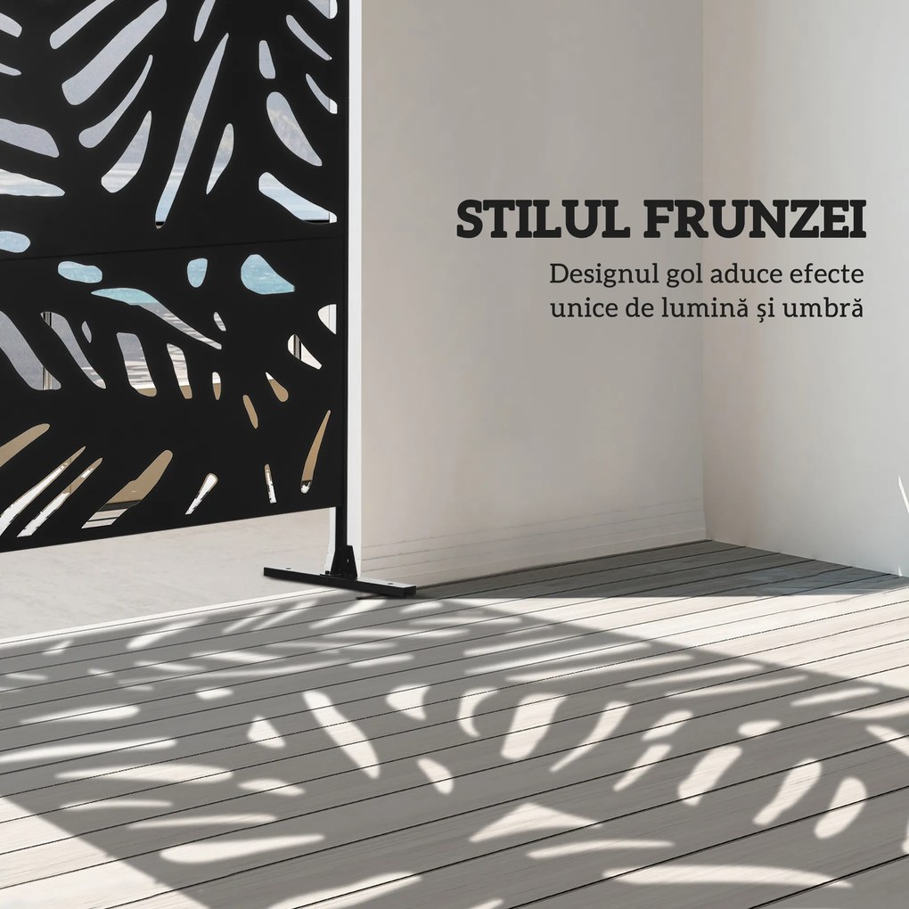 Outsunny Separator Decorativ de Exterior cu Model Frunze Mari și 2 Picioare, Panou de Grădină înalt din Oțel pentru Balcon și Terasă, 122x45x198 cm, Negru | Aosom Romania