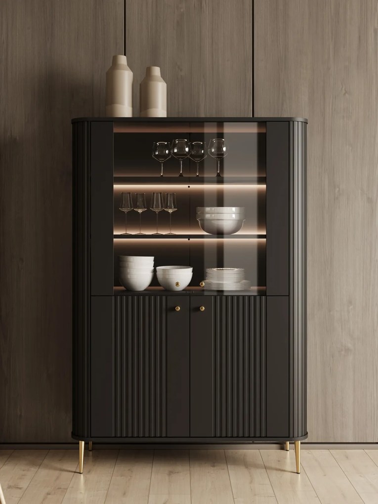 Vitrină Vesper 103 cm cu 4 uși - negru / picioare aurii