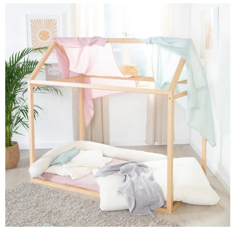 Pat pentru copii în culoare naturală de tip casă 70x140 cm Montessori – Roba