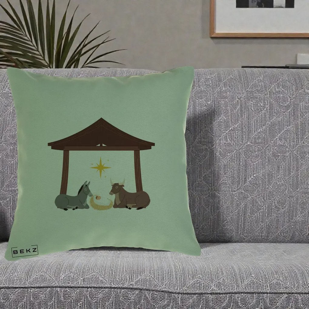 Perna Decorativa Ieslea din Betleem cu Iesle Asin si Bou, 40x40 cm, Verde, Husa Detasabila, Perna Inclusa, BEKZ®
