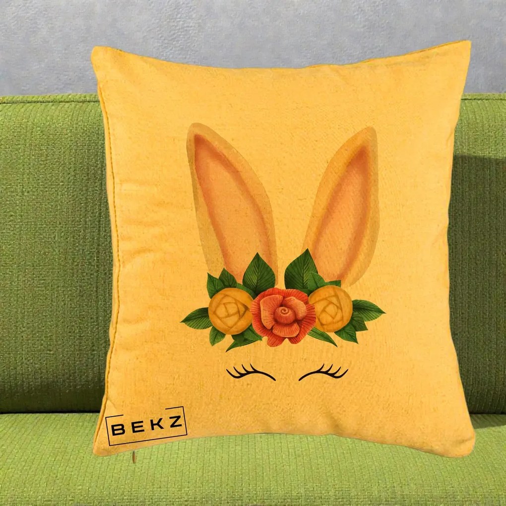 Perna Decorativa Iepuras Flori Urechi Pastelui, 40x40 cm, Galben, Husa Detasabila, Perna Inclusa, BEKZ®