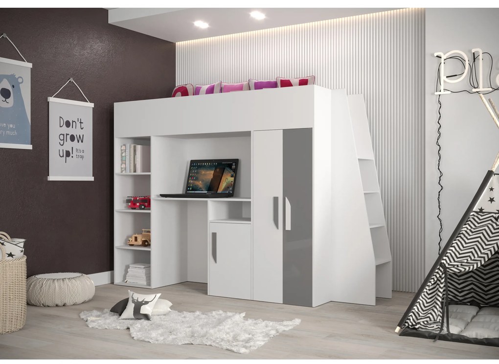 Pat pentru copii combinat 90 cm Puro 15 (alb mat + alb lucios + gri lucios). 1087097