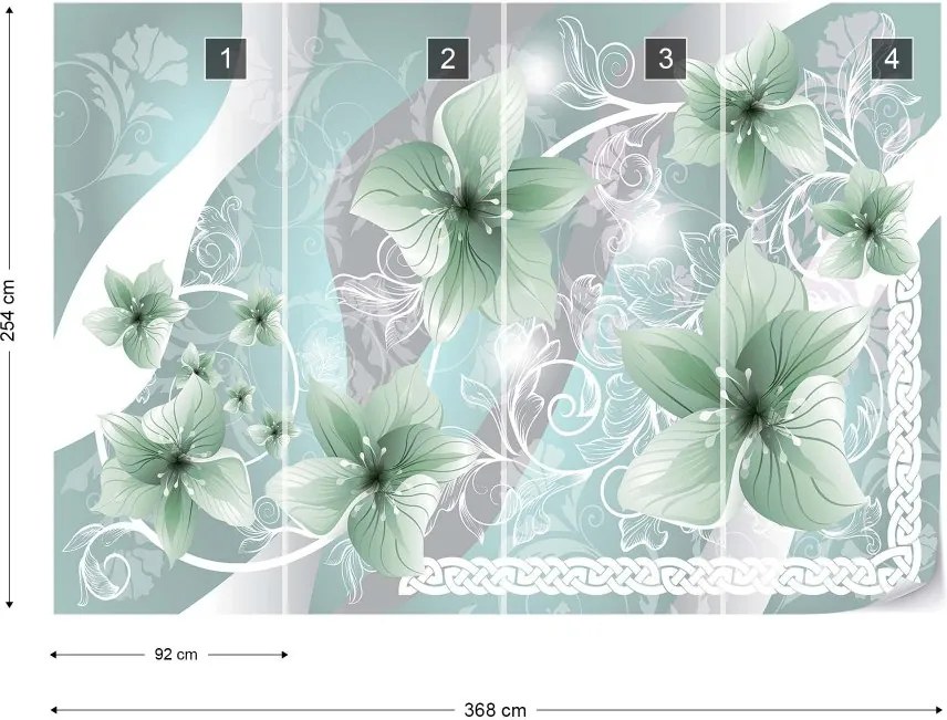 Fototapet GLIX - Flowers Floral Pattern Green + adeziv GRATUIT Papírová tapeta  - 368x254 cm