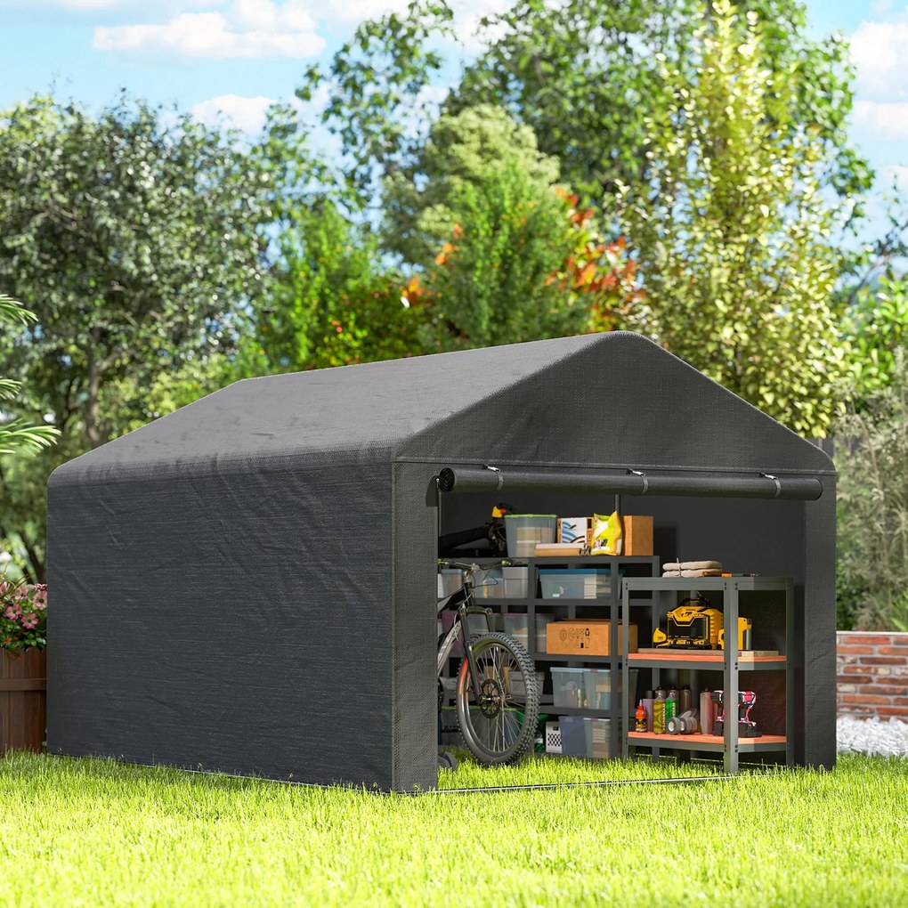 Outsunny Adăpost de grădină cort de depozitare impermeabil adăpost pentru motocicletă ușă rulou cu fermoar, 200 x 238 x 183 cm, gri închis | Aosom Romania