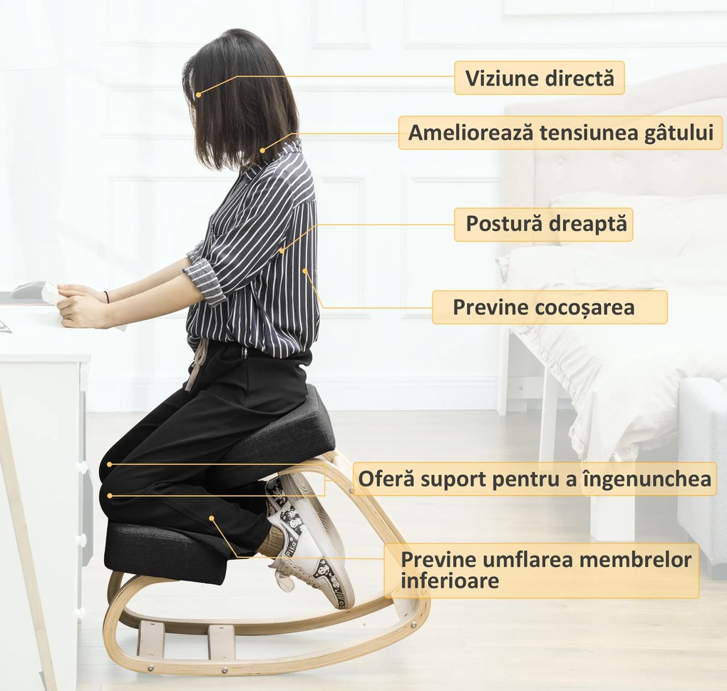 Vinsetto Scaun Ergonomic cu Suport pentru Genunchi din Lemn de Mesteacăn, 51x69x58 cm, Negru | Aosom Romania