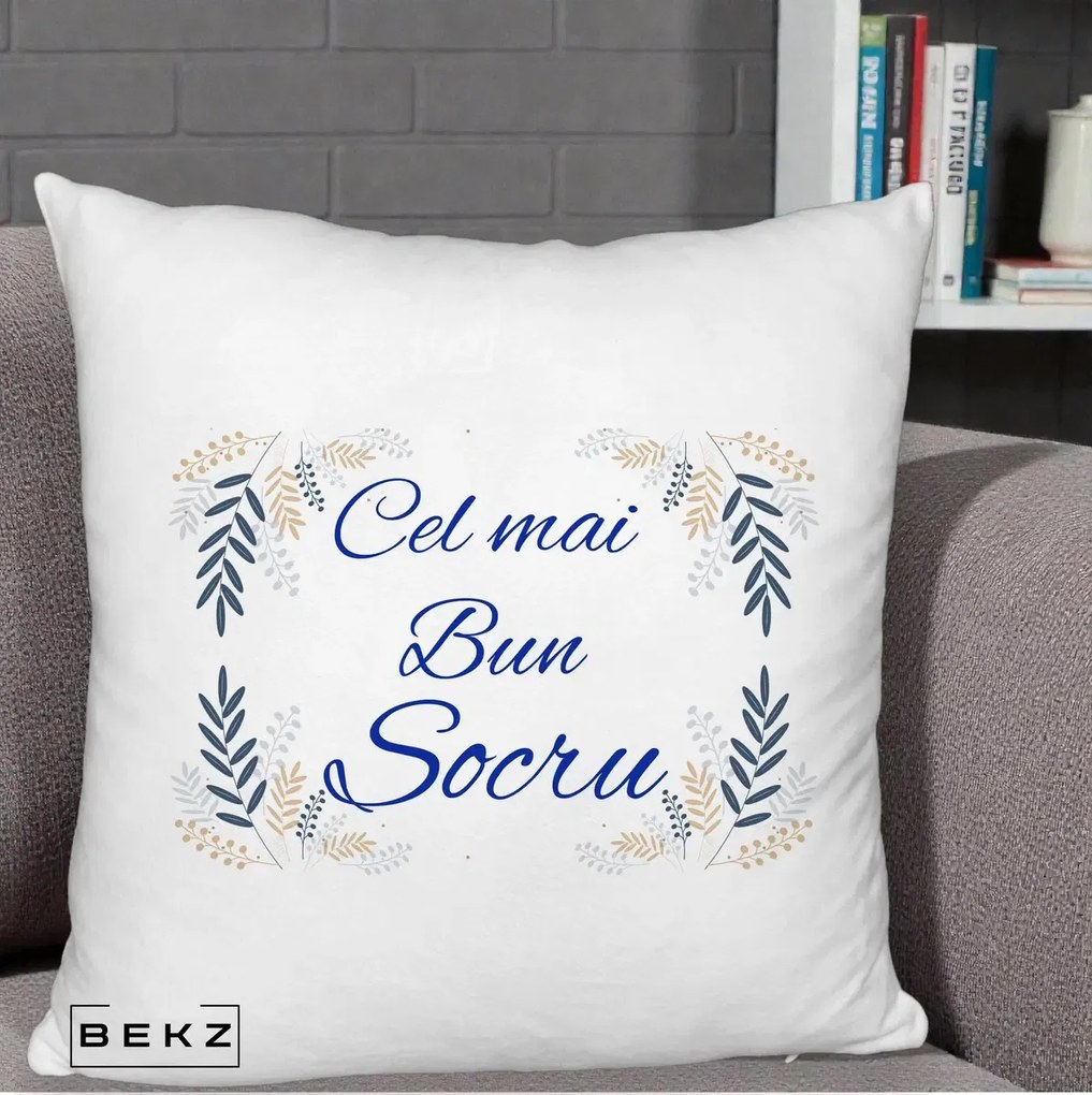 Cadou pentru Socru - Perna Personalizata Cel mai Bun Socru cu Ramuri Frunze Albastre si Aurii, 40x40 cm, Alb Pufos, Husa Detasabila, Perna Inclusa, BEKZ®