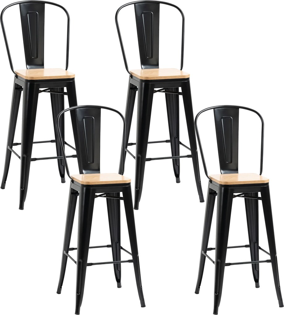 HOMCOM, Set de 4 taburete de bar, stil industrial, cu spătar, suport pentru picioare, înălțime 76 cm, Negru | Aosom Romania