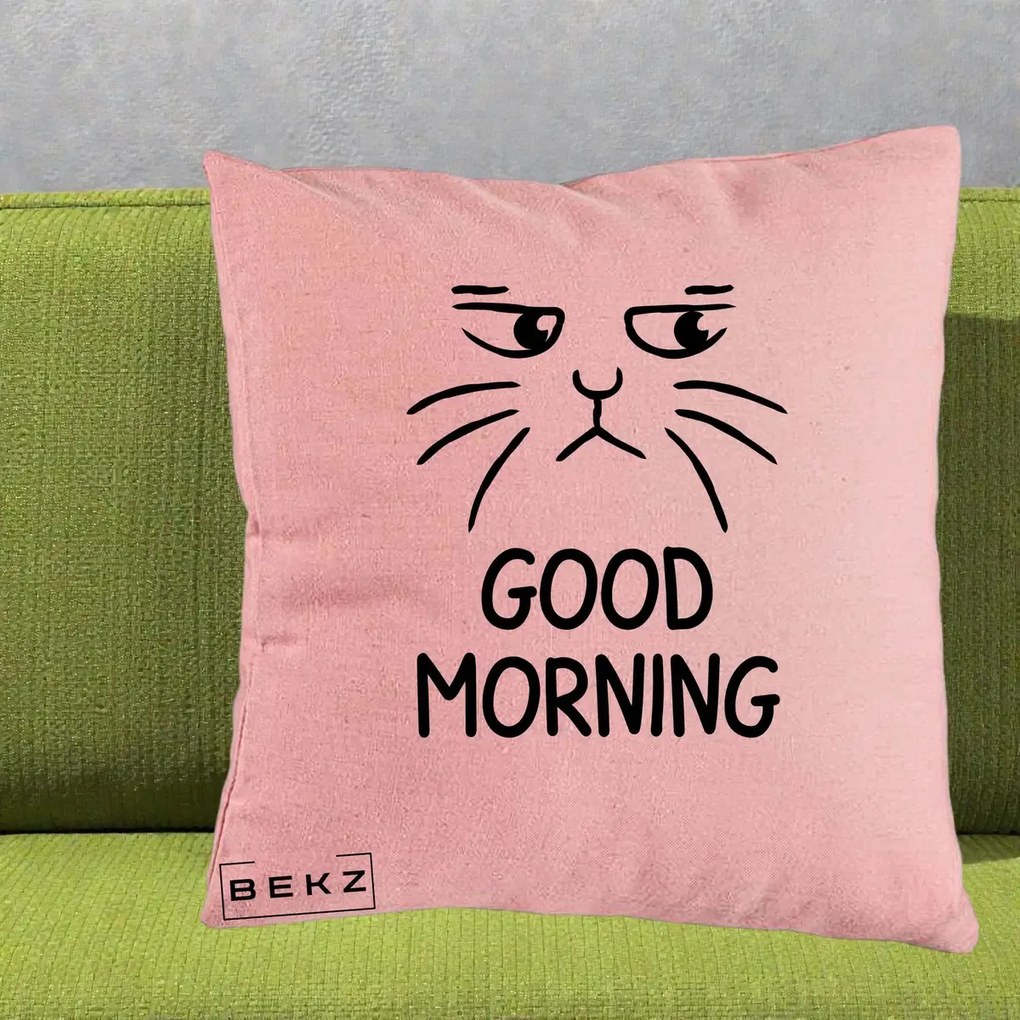 Perna Decorativa Pisica Morocanoasa Good Morning, 40x40 cm, Roz, Husa Detasabila, Perna Inclusa, BEKZ®
