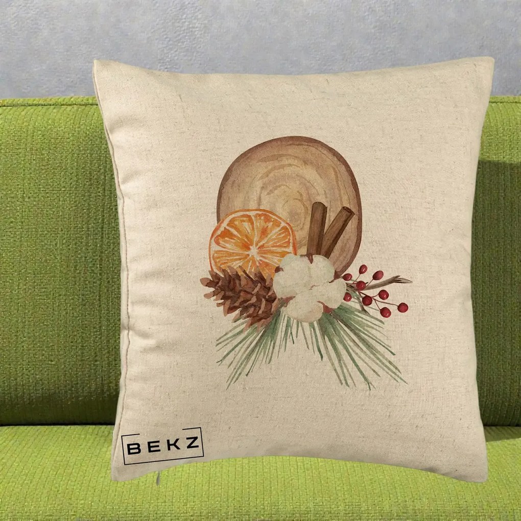 Perna Decorativa Aranjament de Craciun Nordic, 40x40 cm, Bej, Husa Detasabila, Perna Inclusa, BEKZ®