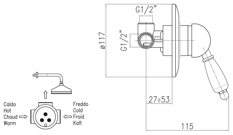 Baterie argintie pentru duș încastrată (1 ieșire) Kirké White – Sapho