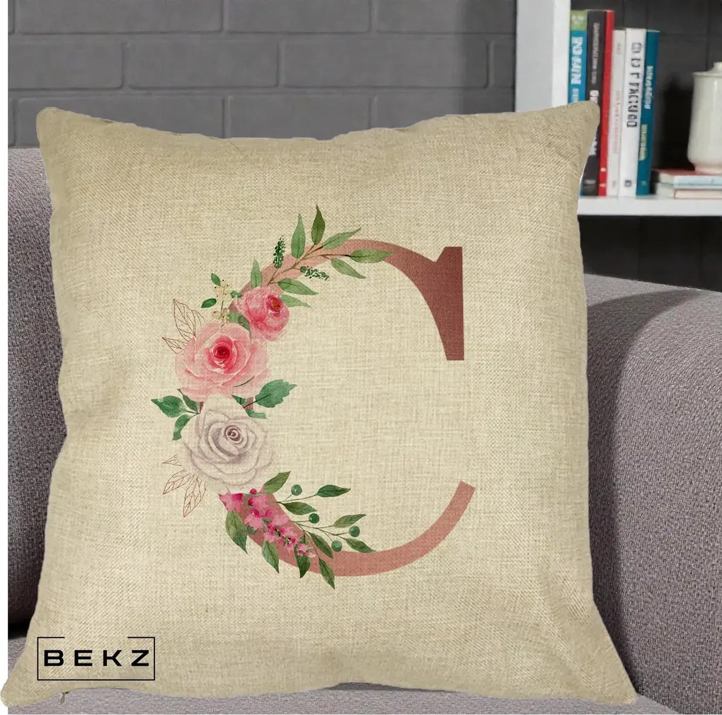 Cadou Personalizat - Perna Personalizata Monograma Rose Gold Litera C, 40x40 cm, Crem, Husa Detasabila, Perna Inclusa, BEKZ®