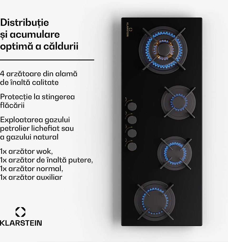 Klarstein Goldflame 4 Slim, plită cu gaz, 4 arzătoare, independentă, gaz natural/propane, oțel inoxidabil