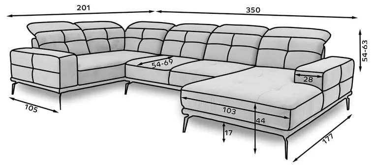 Colțar negru cu tapițerie din catifea (cu colț pe partea stângă/în formă de "U") Neviro – ELTAP