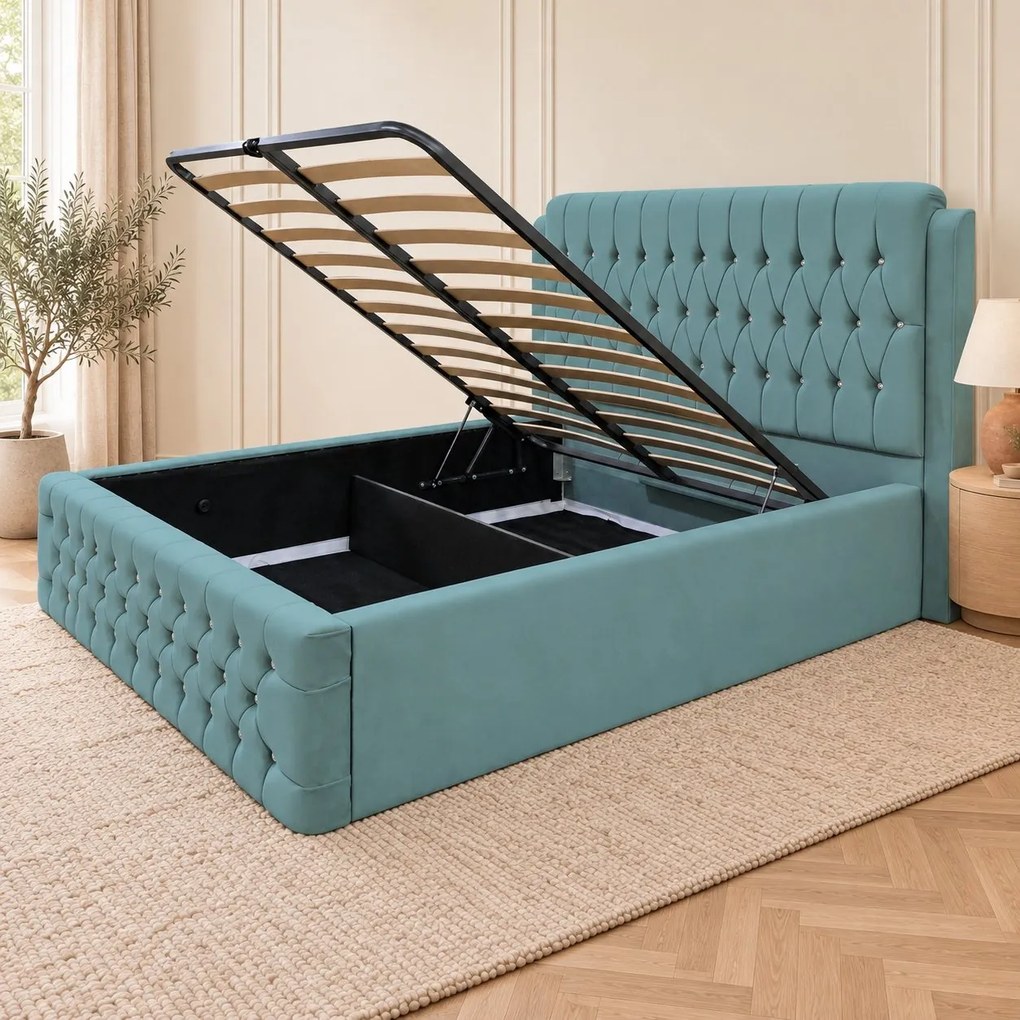 Pat tapițat Chesterfield din catifea Aveline Deluxe 160×200 cm, verde marin, cu ladă de depozitare