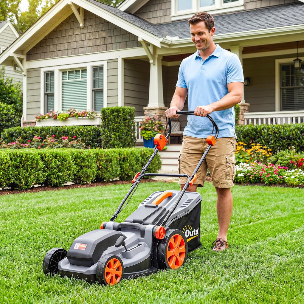 Outsunny Mașină de Tuns Iarba Electrică 1800W cu Lățime de Tăiere de 40cm, Funcție Mulching și Sac de 50L, Mâner Reglabil și Detașabil, 6 Niveluri de Tăiere, Gri Deschis | Aosom Romania