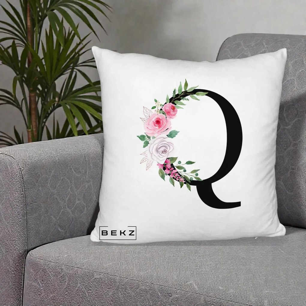 Cadou Personalizat - Perna Personalizata Monograma Florala Litera Q, 40x40 cm, Alb Pufos, Husa Detasabila, Perna Inclusa, BEKZ®