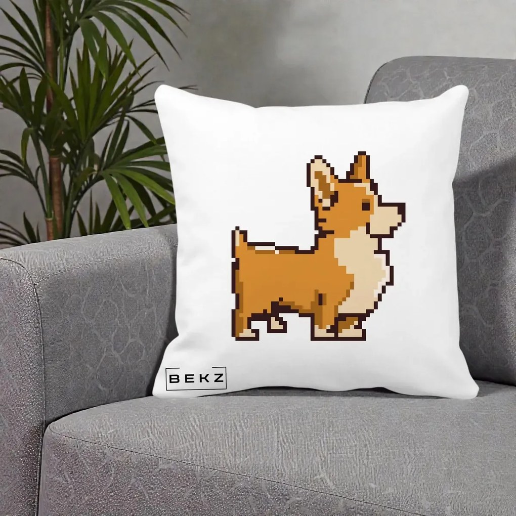 Perna Personalizata Corgi Pixel Art, 40x40 cm, Alba Mata, Husa Detasabila, Perna Inclusa, BEKZ®
