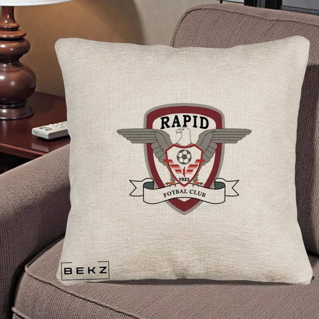 Perna Personalizata Rapid Fotbal Club 1923, 40x40 cm, Bej Canapea, Husa Detasabila, Perna Inclusa, BEKZ®