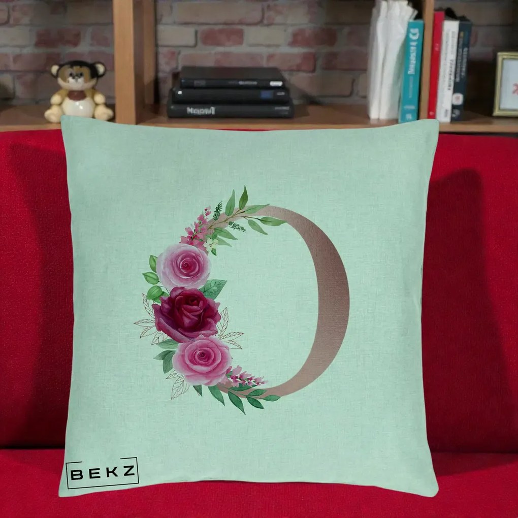 Cadou Personalizat - Perna Personalizata Monograma Rose Gold Litera O, 40x40 cm, Verde Menta, Husa Detasabila, Perna Inclusa, BEKZ®