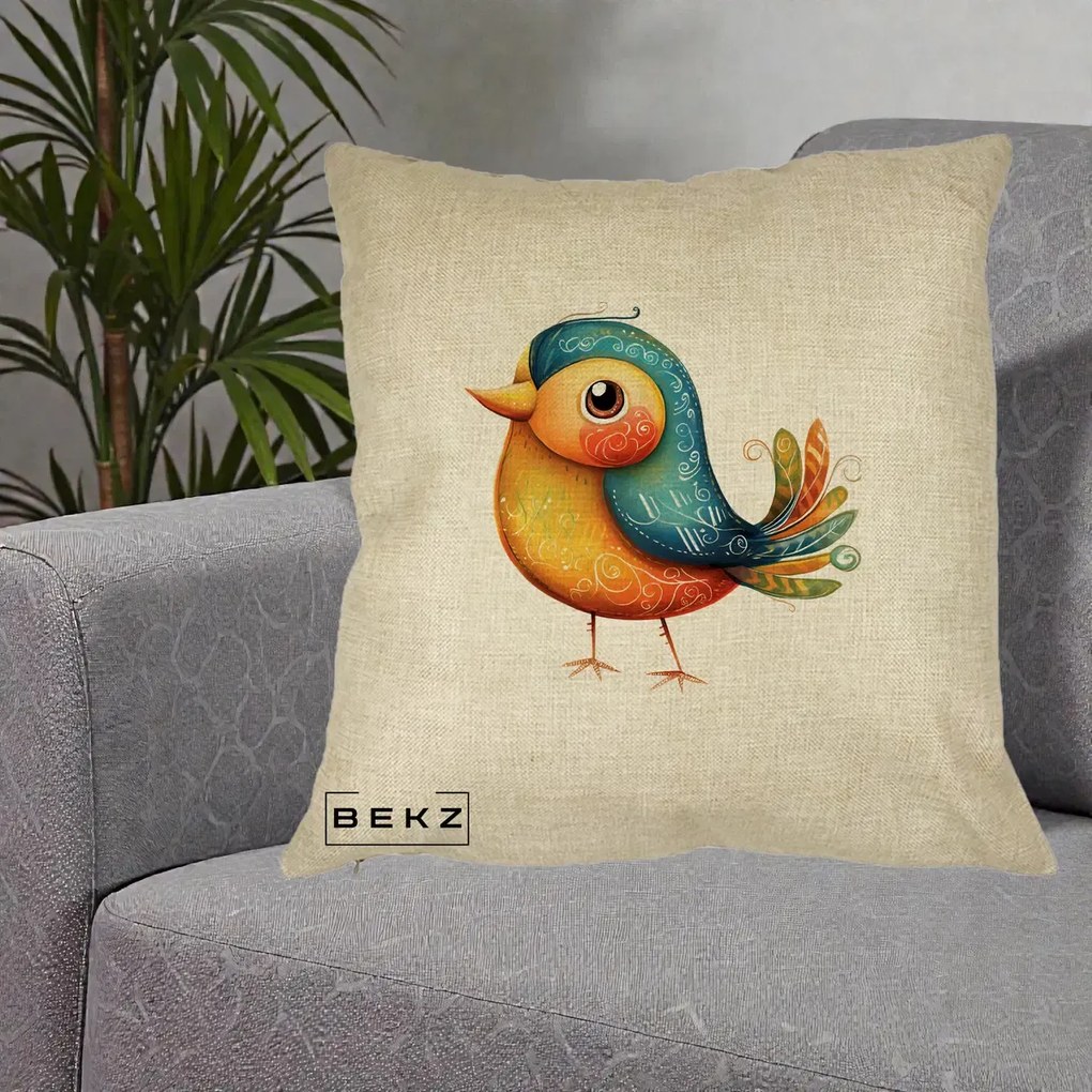Perna Decorativa Pasare Folk Art Portocalie-Teal, 40x40 cm, Crem, Husa Detasabila, Perna Inclusa, BEKZ®