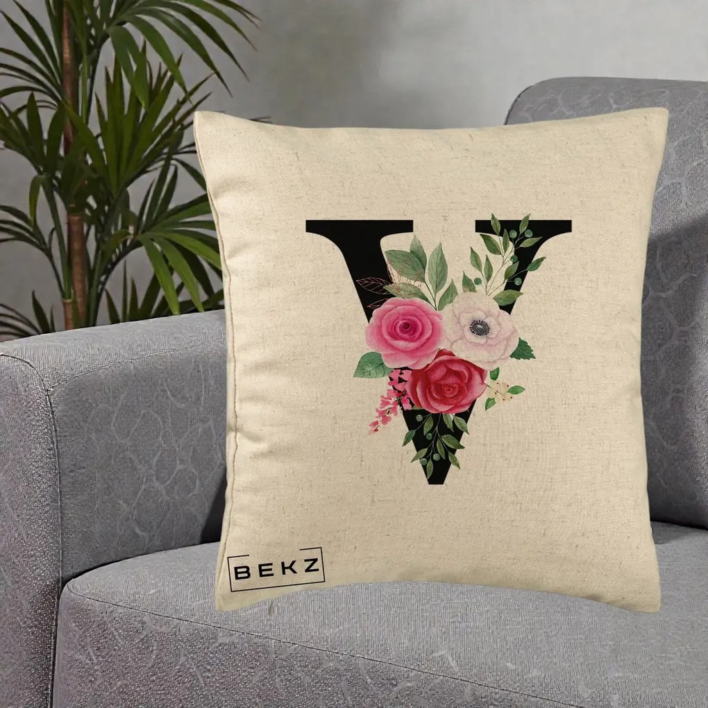 Cadou Personalizat - Perna Personalizata Monograma Florala Litera V cu Buchet, 40x40 cm, Bej, Husa Detasabila, Perna Inclusa, BEKZ®