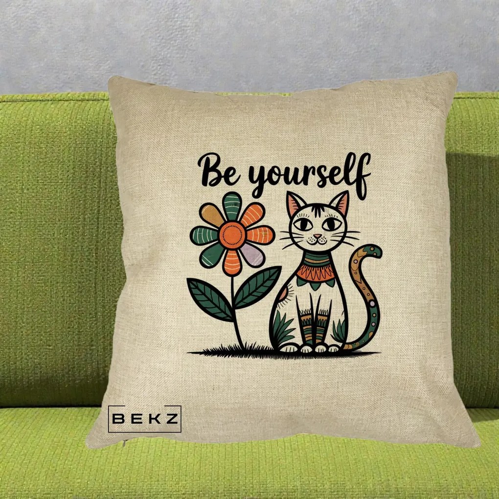 Perna Personalizata Be Yourself Pisica Folk, 40x40 cm, Crem, Husa Detasabila, Perna Inclusa, BEKZ®