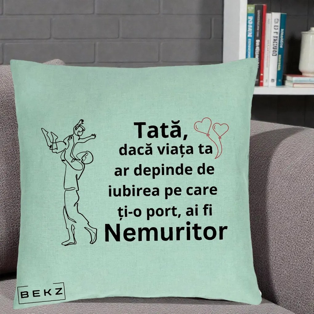 Cadou pentru Tata - Perna Personalizata Tata Nemuritor Joaca in Aer, 40x40 cm, Verde Menta, Husa Detasabila, Perna Inclusa, BEKZ®