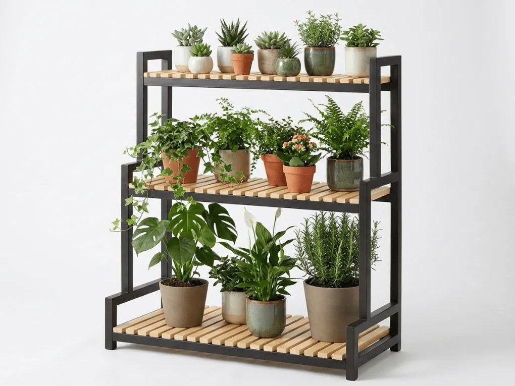 Suport de flori GREENY 3 etajere 95x80 cm, negru / decor stejar