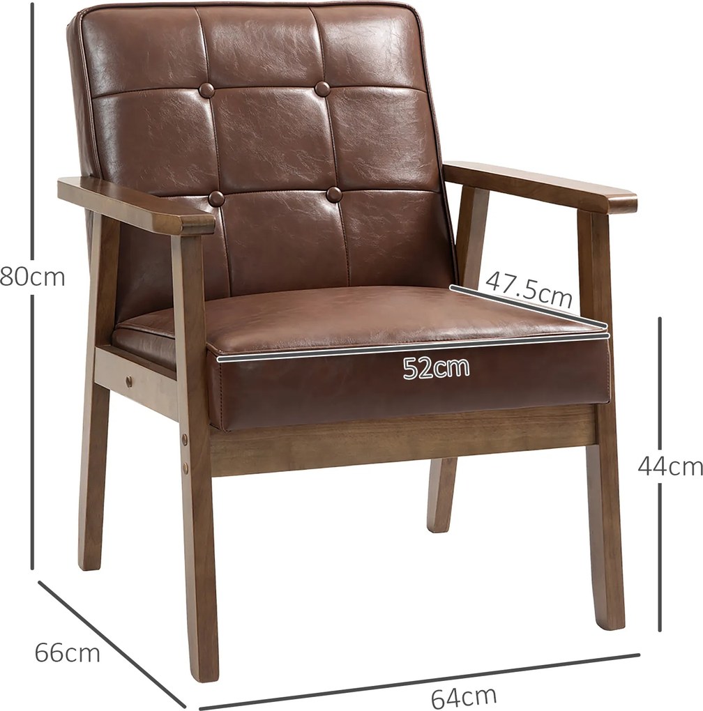 HOMCOM Fotoliu de salon, fotoliu de cameră din piele sintetică, spătar capitonat, picioare din lemn masiv, 64x66x80cm, maro | Aosom Romania