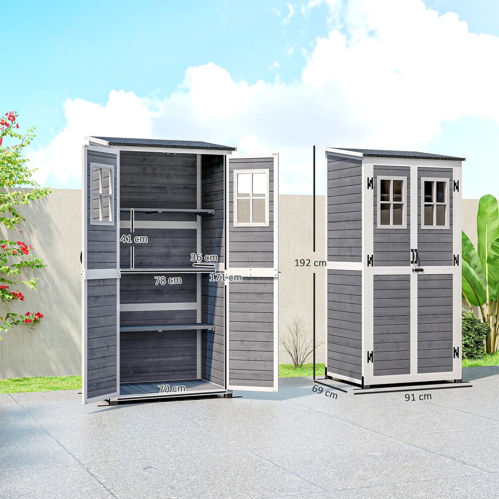 Outsunny Magazie pentru depozitare în grădină, magazie pentru unelte cu 2 ferestre, țăruși pentru ancorare, acoperiș din asfalt, 91 x 69 x 192 cm, lemn de brad, Gri deschis | Aosom Romania