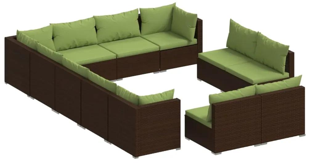 Set mobilier de gradina cu perne, 12 piese, maro, poliratan maro si verde, 3x colt + 9x mijloc, 1