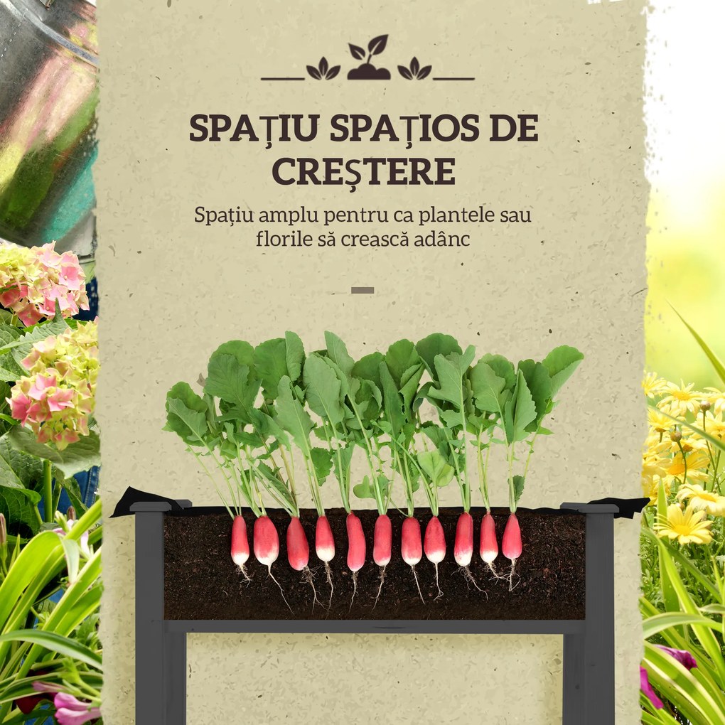 Outsunny Pat de Grădină Înălțat cu Acoperiș din PE, Jardinieră din Lemn pentru Exterior cu 4 Orificii de Drenaj, pentru Flori și Legume, pentru Grădină, Balcon, 121x55x117 cm, Gri Închis | Aosom Romania